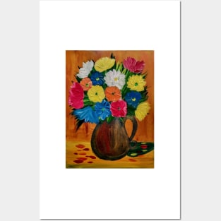 abstract flowers in a gold jug vase Posters and Art